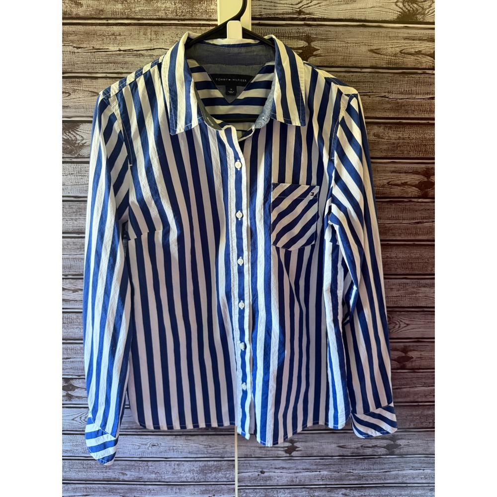Tommy Hilfiger Women's Long-Sleeved Button-Down Top Sz M Blue White Stripe Logo